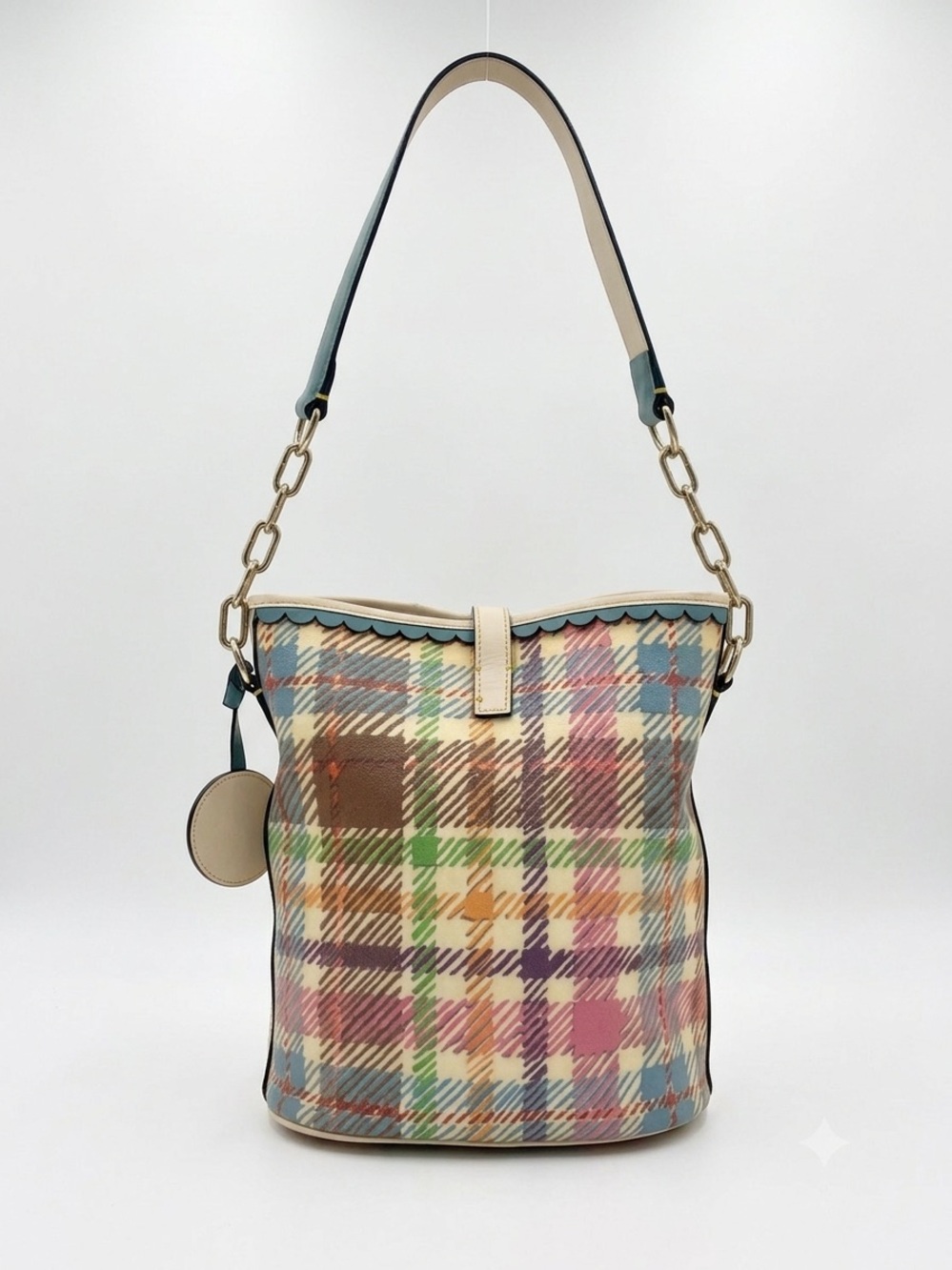 Dooney & Bourke Y2K Vintage Pastel Rainbow Tartan Plaid Bucket Bag Scalloped - Picture 2 of 16